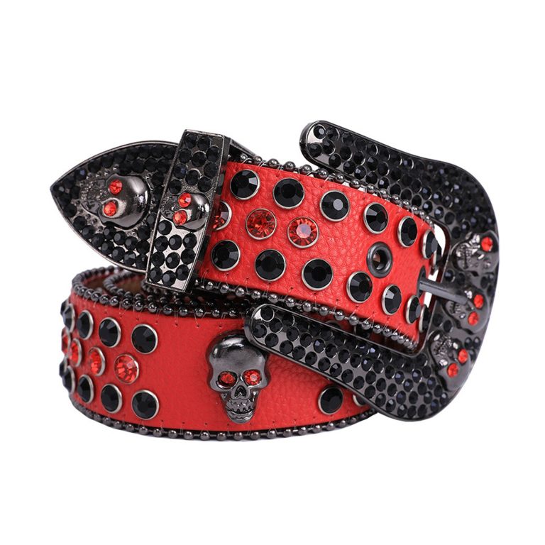 Western Skull Rhinestone BB Belts for Women Red